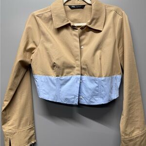 Zara Tan and Blue Cropped Collared Long Sleeve Button up
